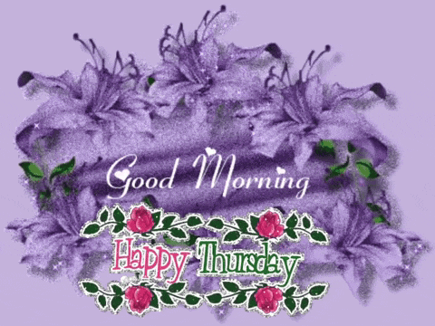 a purple background with purple flowers and the words good morning and happy thursday