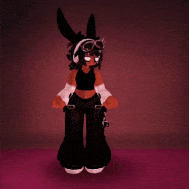 a girl with bunny ears is standing on a pink background