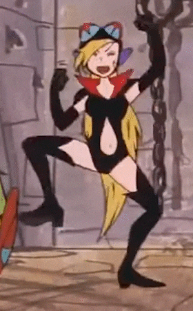 a cartoon character is dancing in a room with a chain around her waist .