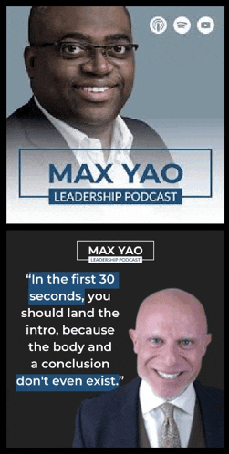 a poster for max yao leadership podcast with a man in a suit