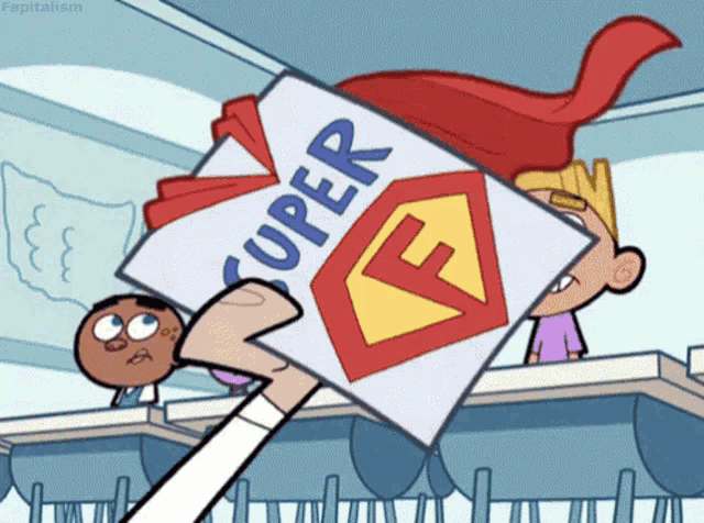 a cartoon character is holding up a super f sticker