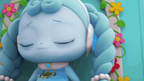 a blue cartoon doll with headphones and braids
