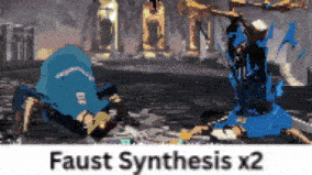 a video game scene with the words faust synthesis x2 at the top