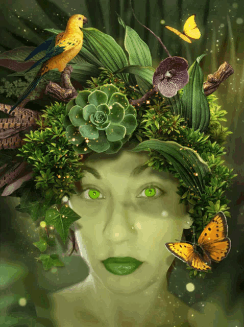 a painting of a woman with green eyes and a crown of plants on her head