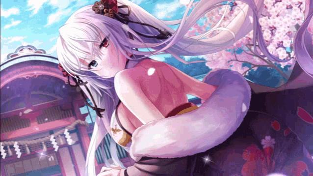 a girl with long white hair is standing in front of a cherry blossom tree