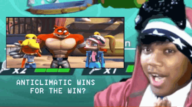 a person playing a video game with the words " anticlimatic wins for the win "