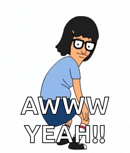 a cartoon character from bob 's burgers is squatting down and saying awww yeah