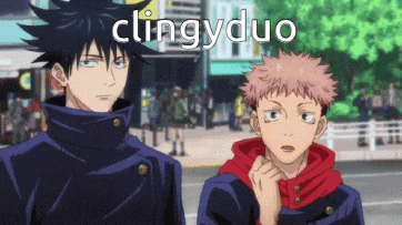 a couple of anime characters standing next to each other with the word clingy duo written above them