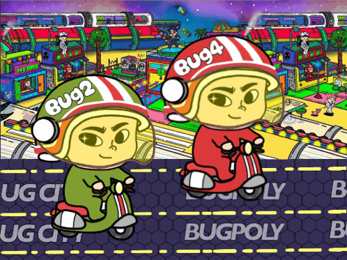 a cartoon character wearing a helmet with bug2 and bug4 written on it