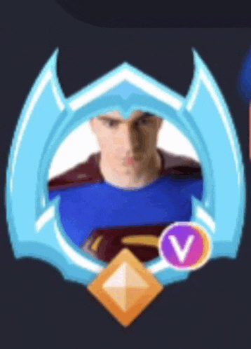 a man in a superman costume is in a blue shield with horns and a purple v on it .