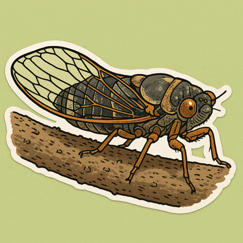 a sticker of a cicada on a branch with a green background
