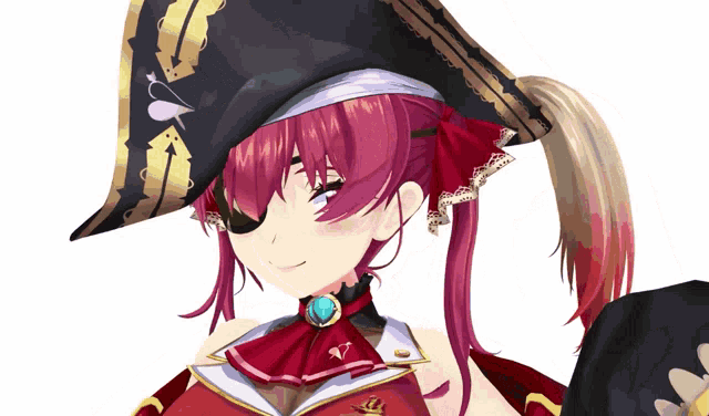 a girl with red hair is wearing a hat and eye patch