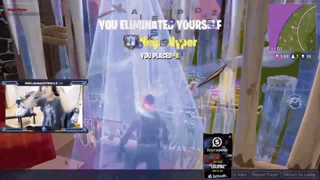a screen shot of a video game with the words " you eliminate yourself " on it