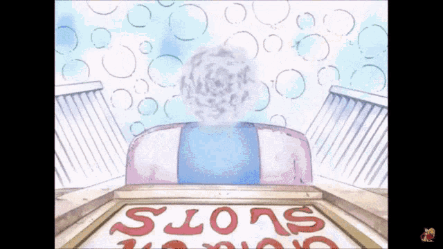 a cartoon of a woman sitting in front of a sign that says " slots "