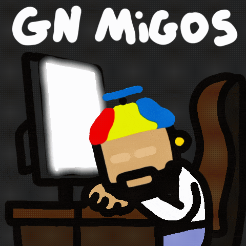 a cartoon of a man sitting in front of a computer with the words gn migo 's written on the bottom