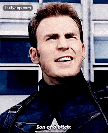 a close up of a man in a captain america uniform making a funny face and saying son of a bitch .