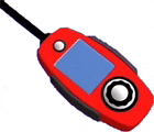 a red cell phone with a blue screen and a black antenna .