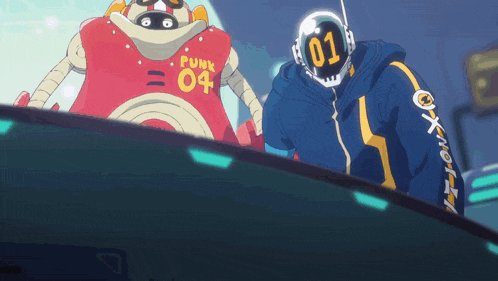 a robot with the number 04 on it stands next to a robot with the number 01 on it