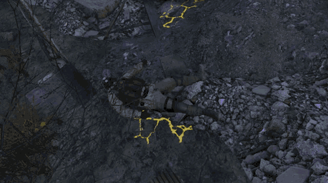 a person is laying on a pile of rocks with a yellow lightning bolt in the background