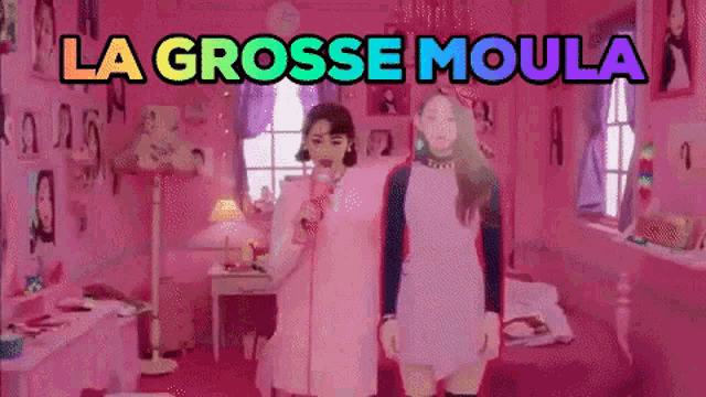 two girls singing into microphones in a pink room with the words la grosse moula on the bottom
