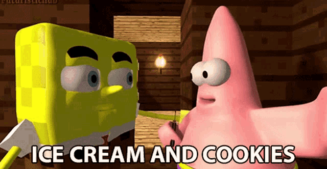 spongebob and patrick are standing next to each other with the words ice cream and cookies below them