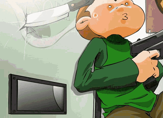 a cartoon of a man holding a gun and a knife