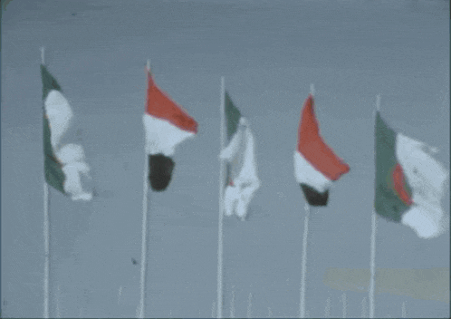 a row of flags are waving in the wind against a blue sky