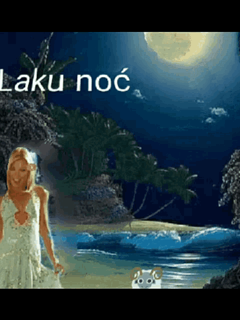a woman in a white dress is standing on a beach at night with the words laku noc written above her