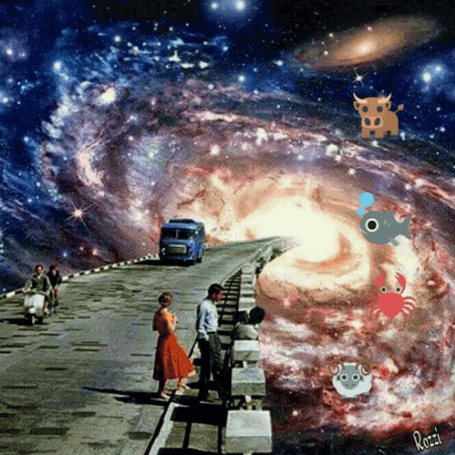 a painting of people standing on a bridge in front of a galaxy with the name razil on the bottom
