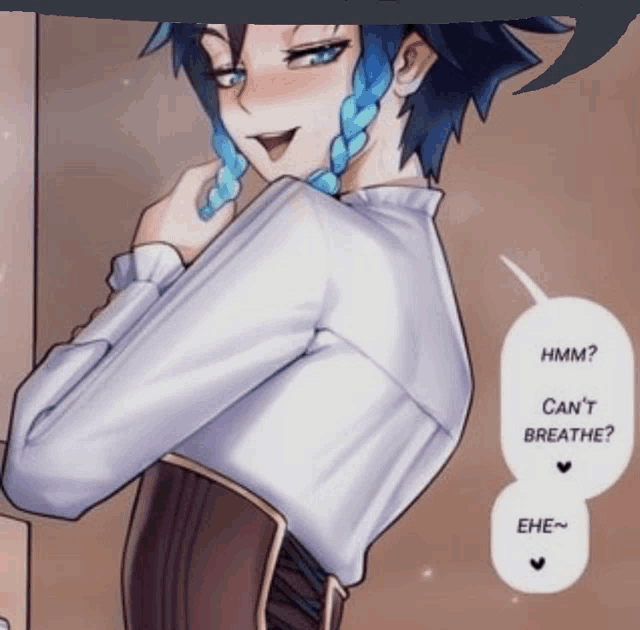 a drawing of a girl with braids and a speech bubble that says hmm can t breathe