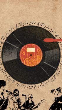 a group of people playing instruments around a record labeled ' a '