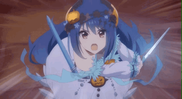 a girl with blue hair is holding a sword in her right hand