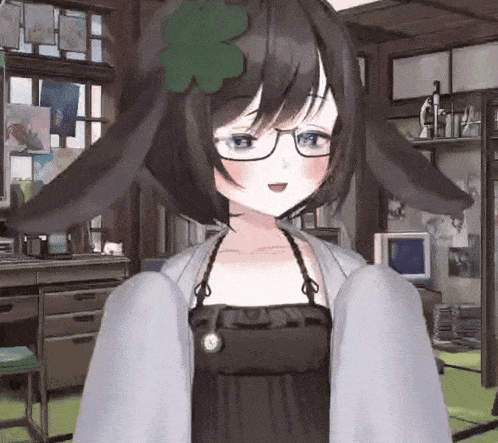 a 3d anime girl wearing glasses and a clover on her head is standing in a room .