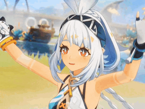 a girl with white hair is wearing a headband that says lg
