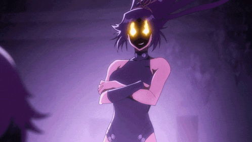a cartoon character with glowing eyes and a purple outfit