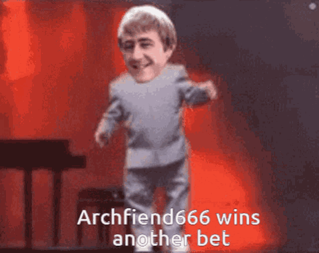 a cartoon of a man dancing with the words archfiend666 wins another bet on the bottom