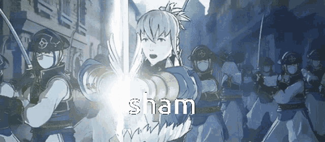 a cartoon of a girl holding a sword with the word sham written on it