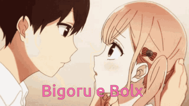 a boy and a girl are kissing with the words bigoru e bolx written above them
