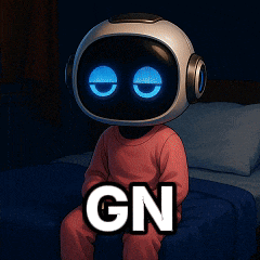 a robot with a helmet on his head is sitting on a bed with the word gn above him