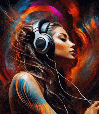 a painting of a woman wearing headphones with the brand name jbl on it