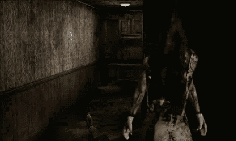 a black and white photo of a person in a hallway