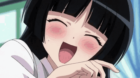 a girl with black hair is laughing with her eyes closed