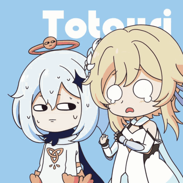 a cartoon drawing of a girl with a halo and the word totoui behind her