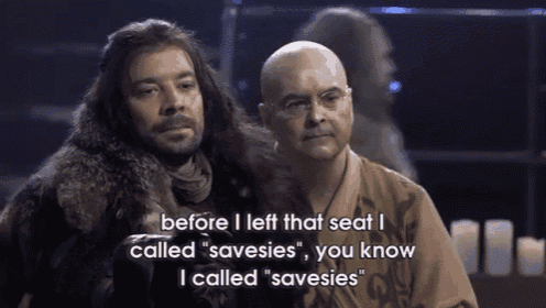 two men are standing next to each other with the words " before i left that seat i called " savesies "