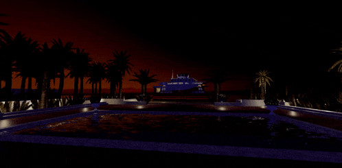a swimming pool with a boat in the background and palm trees