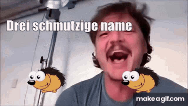 a man with two hedgehogs in front of him and the words drei schmutzige name