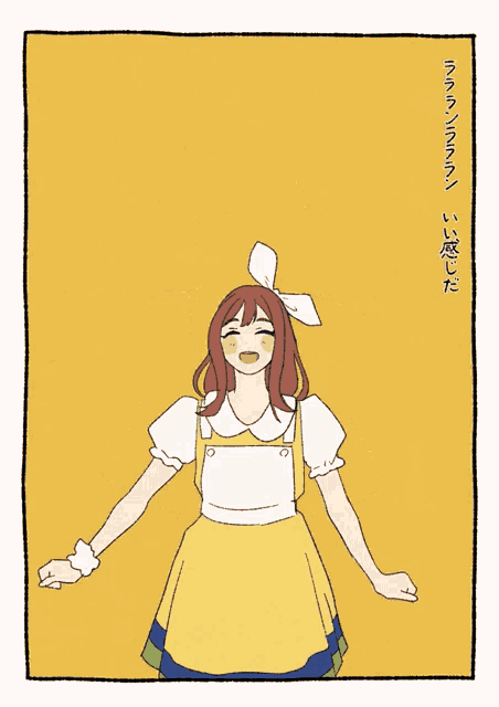a drawing of a girl in a yellow dress with a white bow