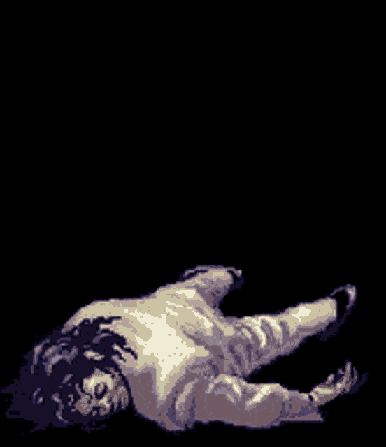 a pixel art of a person laying on their back with a black background .