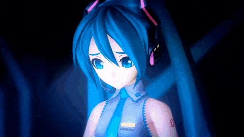 a girl with blue hair and headphones has the number 1 on her arm