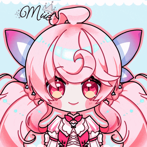a drawing of a girl with pink hair and the name mia on the bottom right